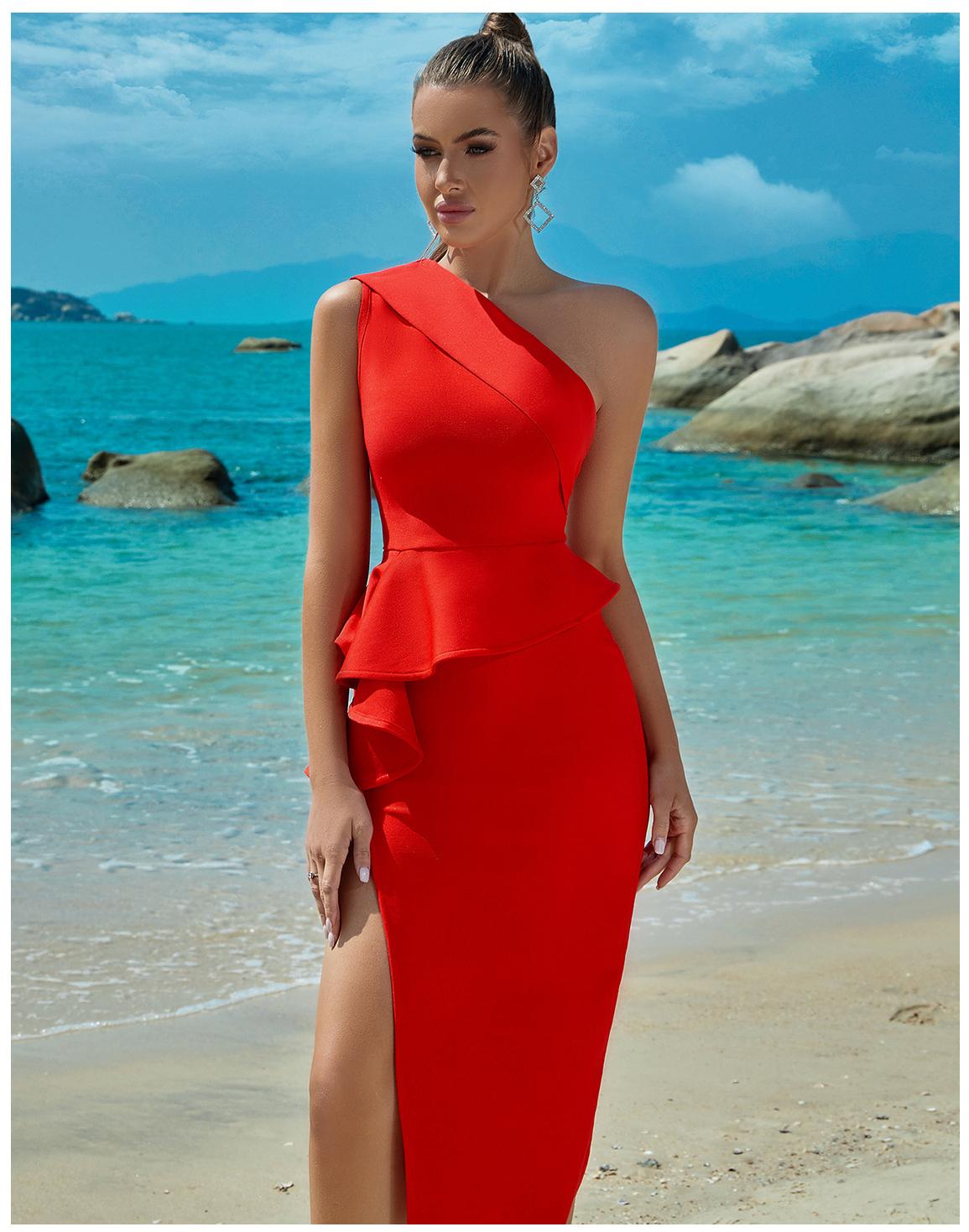 One Shoulder Peplum Ruffle High Split Bandage Midi Dress
