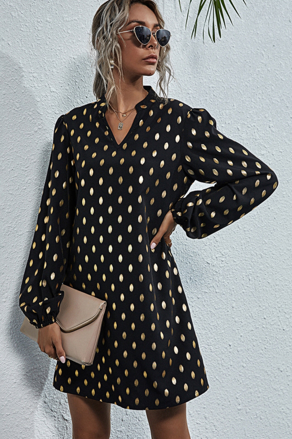 V-neck Polka Dot Long Sleeve Dress - Fashionpara