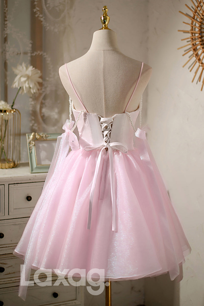 Spaghetti Straps V-Neck Cute Homecoming Dress - Fashionpara