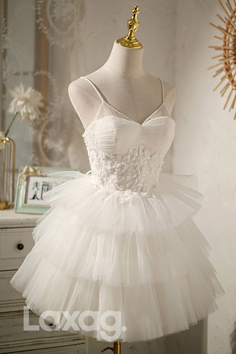 Spaghetti Straps Appliques Ruffles Cute Homecoming Dress - Fashionpara