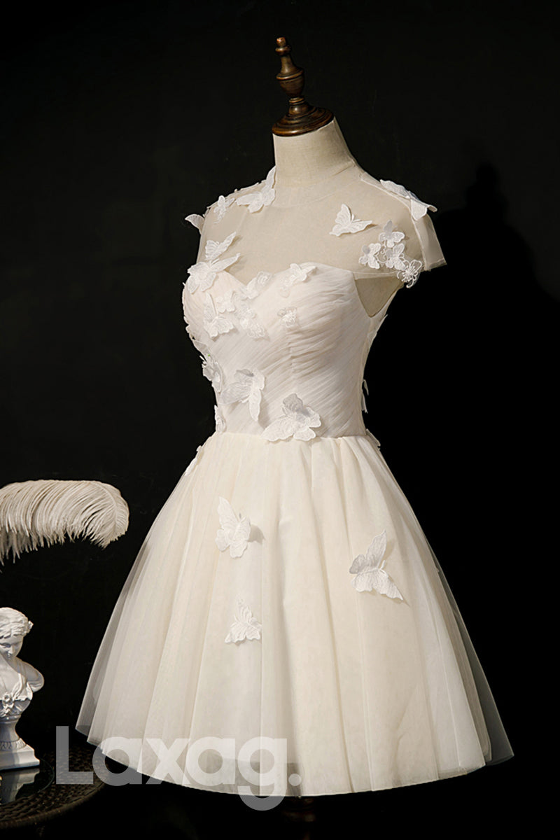Illusione Neckline Butterfly Ivory Homecoming Dress - Fashionpara