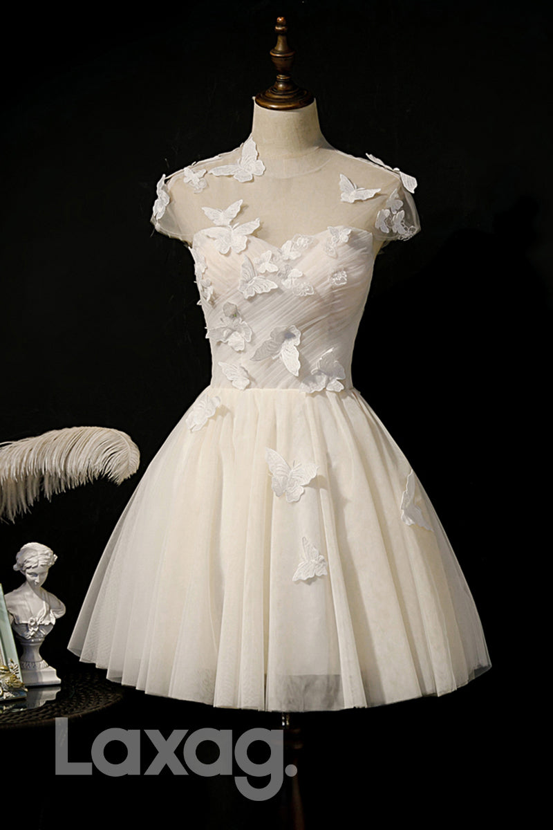 Illusione Neckline Butterfly Ivory Homecoming Dress - Fashionpara
