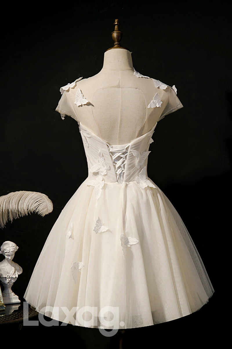 Illusione Neckline Butterfly Ivory Homecoming Dress - Fashionpara