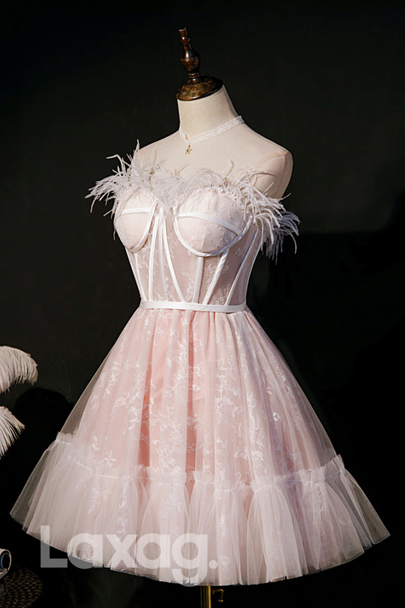 Strapless Feathers Pink Cute Homecoming Dress - Fashionpara