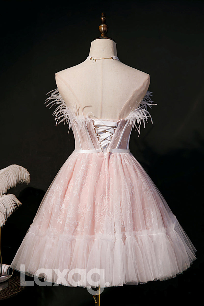 Strapless Feathers Pink Cute Homecoming Dress - Fashionpara