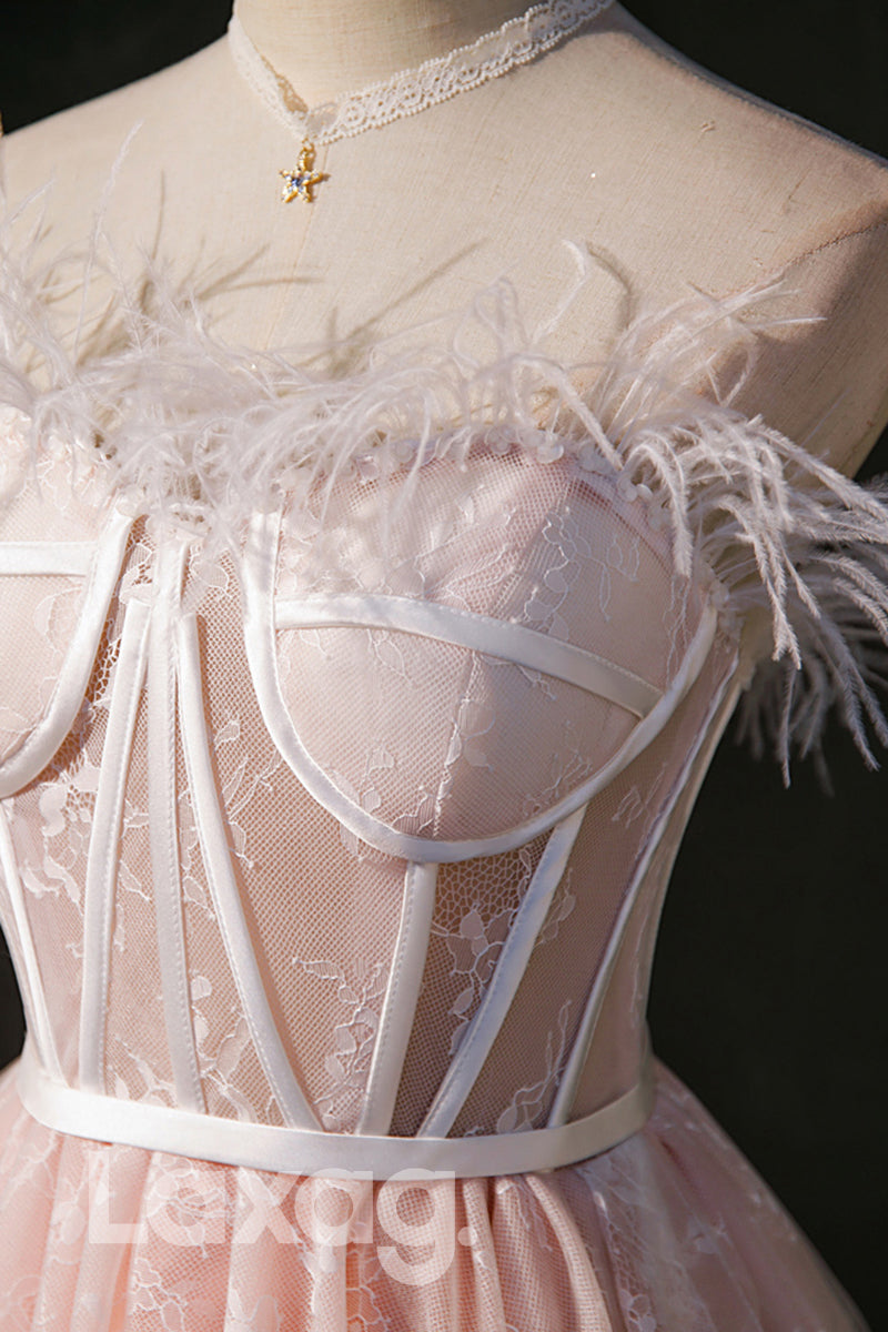 Strapless Feathers Pink Cute Homecoming Dress - Fashionpara
