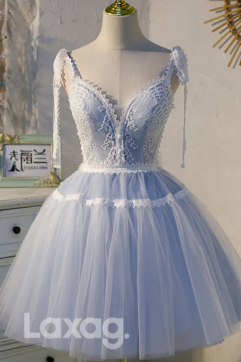 12194 - Plunging V-Neck Lace Short Homecoming Dress