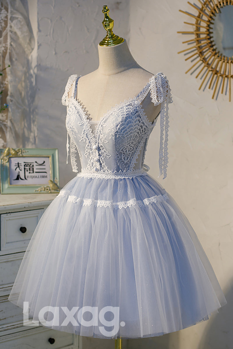 Plunging V-Neck Lace Short Homecoming Dress - Fashionpara