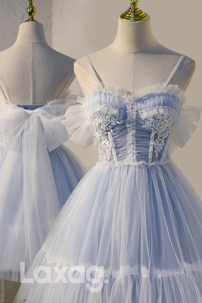 12195 - Spaghetti Straps Lace Appliques Short Homecoming Dress