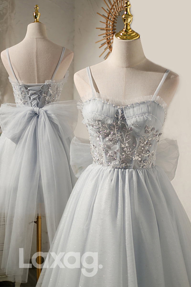 Spaghetti Straps Beads Grey Homecoming Dress - Fashionpara