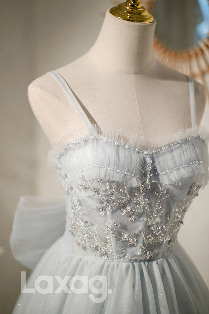 12196 - Spaghetti Straps Beads Grey Homecoming Dress