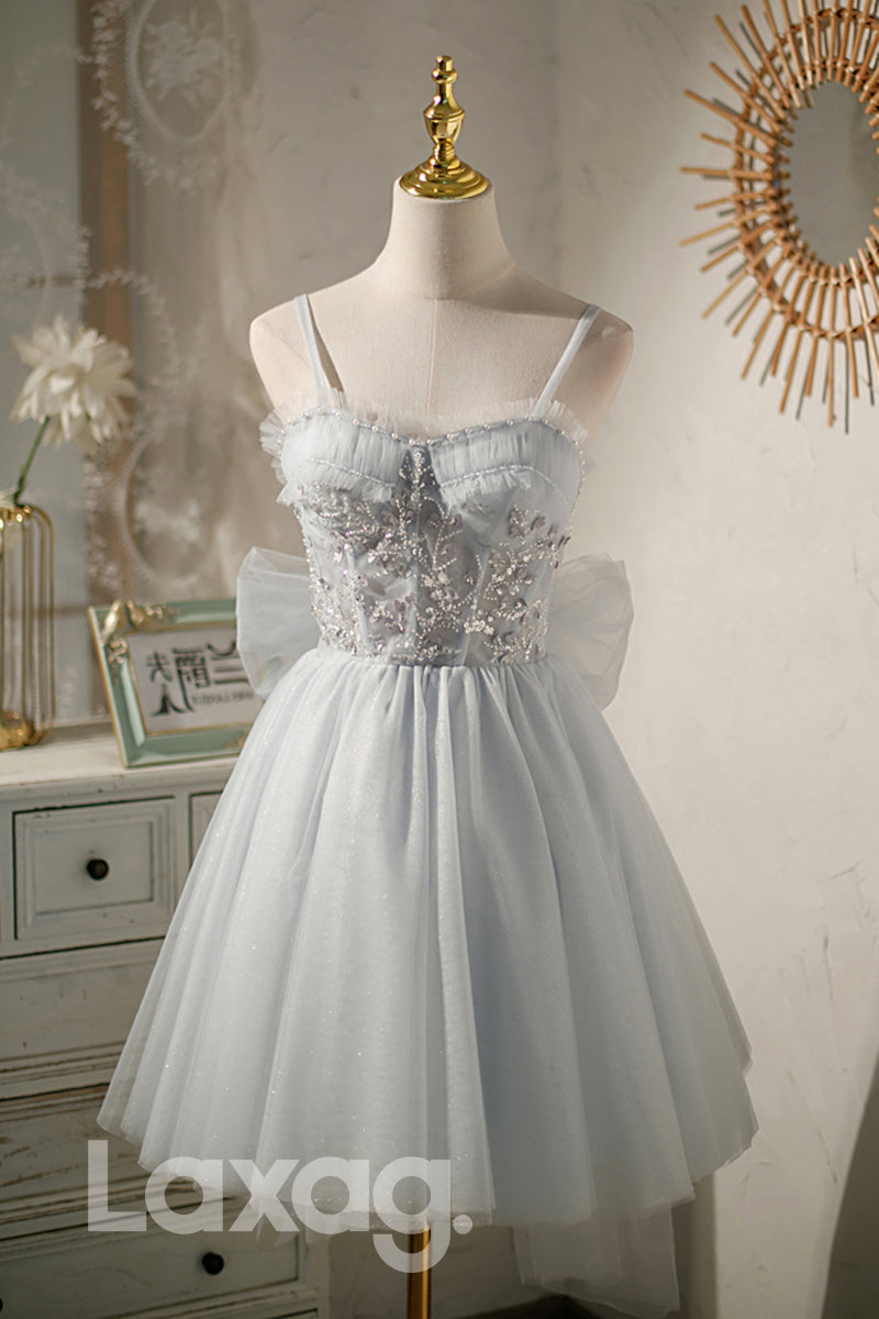 Spaghetti Straps Beads Grey Homecoming Dress - Fashionpara
