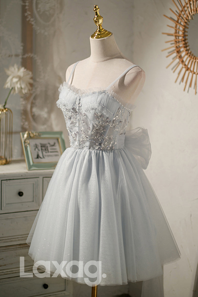 Spaghetti Straps Beads Grey Homecoming Dress - Fashionpara