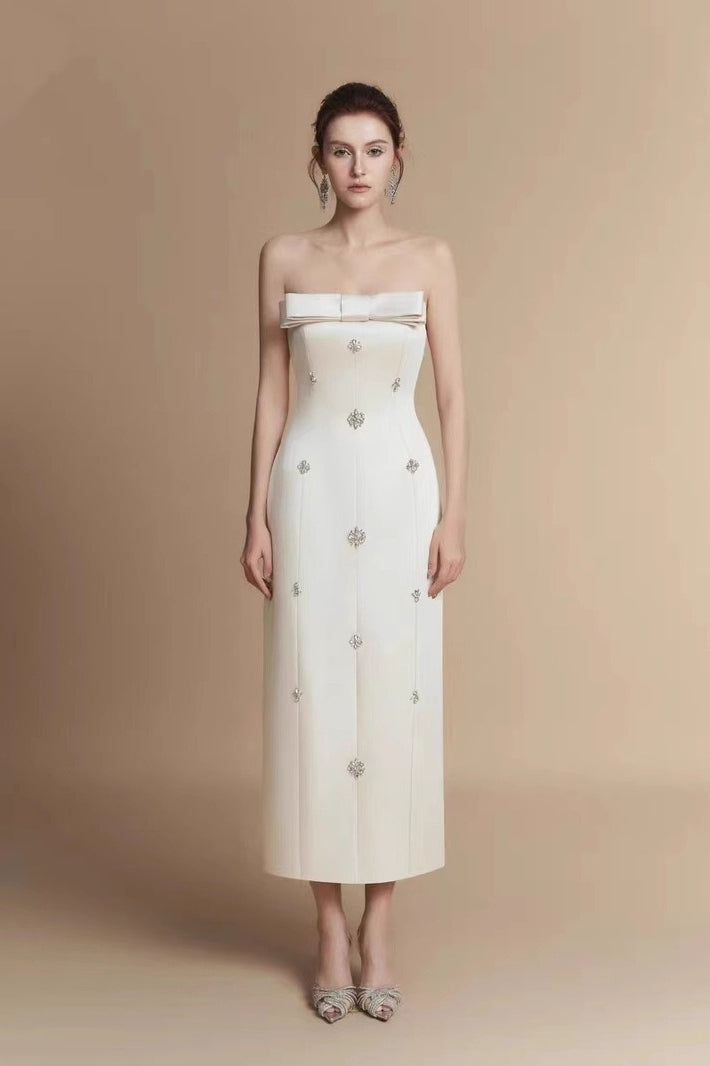 Strapless Bow Bodice Rhinestone Beaded Princess Seam Midi Dress
