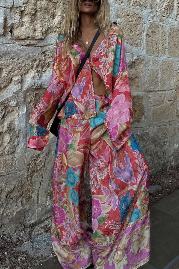 Painter's Garden Boho Floral Print Button Long Sleeve Relaxed Blouse - Fashionpara