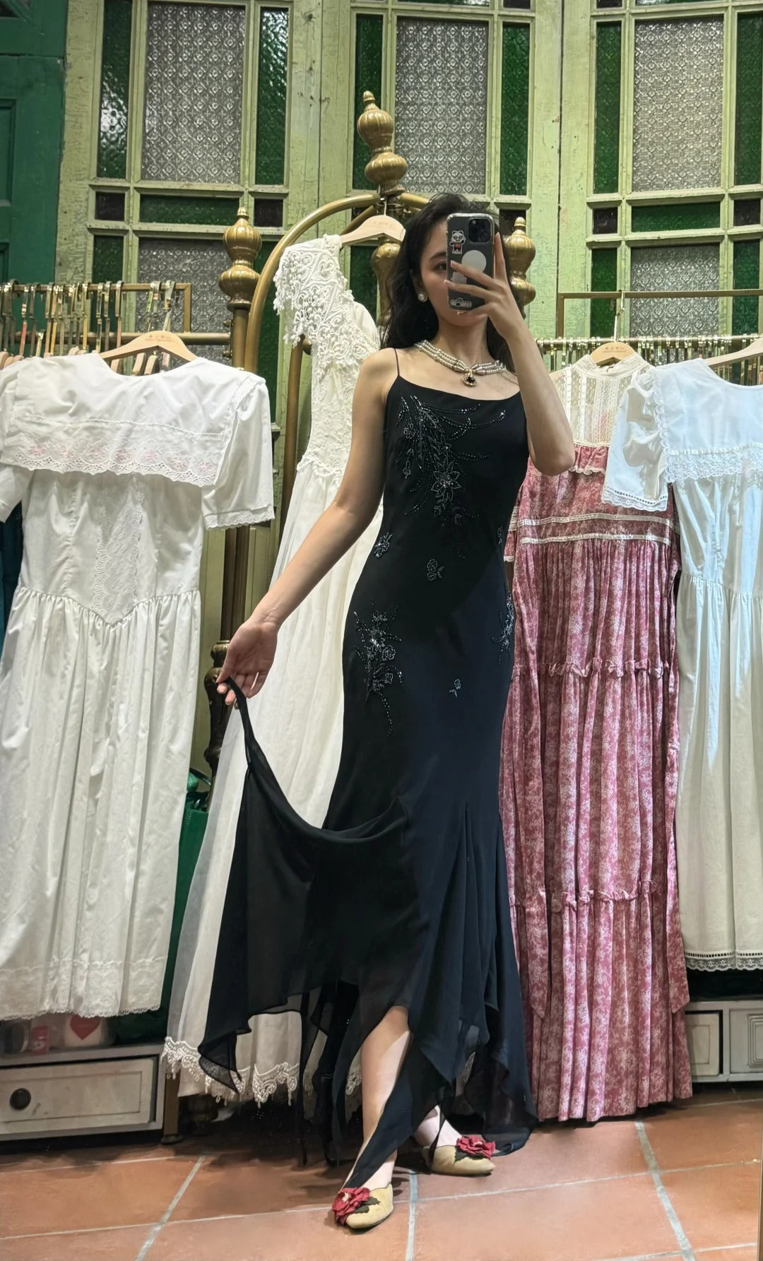 Elegant Black Irregular Strap Beaded Chiffon Long Prom Dress Evening Dress P4122