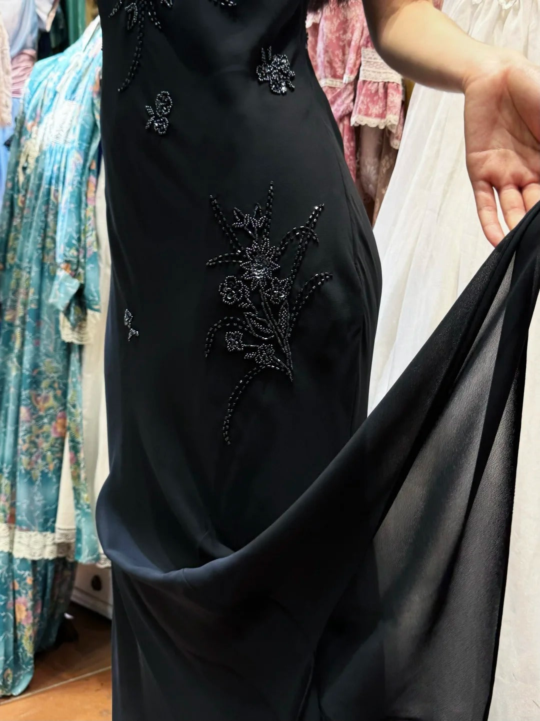 Elegant Black Irregular Strap Beaded Chiffon Long Prom Dress Evening Dress P4122