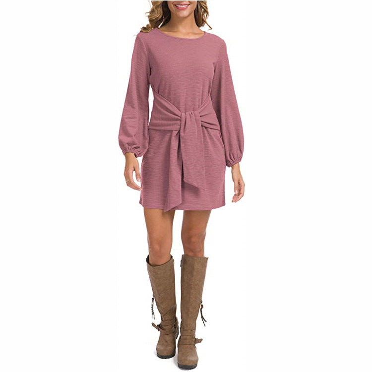 Round Neck Long Sleeve Tie Waist Shift Mini Dress