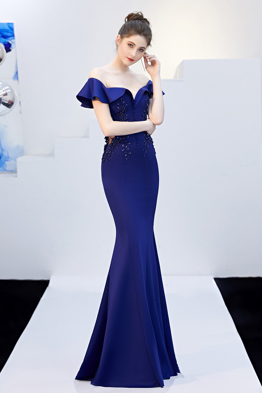 Off Shoulder Ruffle Beaded Mermaid Formal Gown - View 16