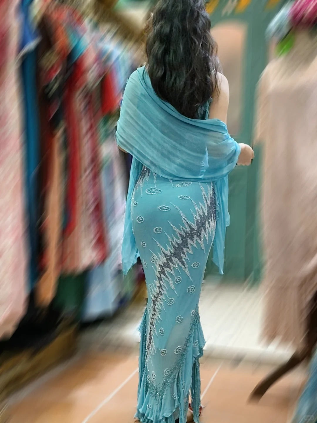 Vintage Blue Mermaid Halter-Neck Ruffled Beaded Chiffon Long Prom Dress Evening Dress P4123