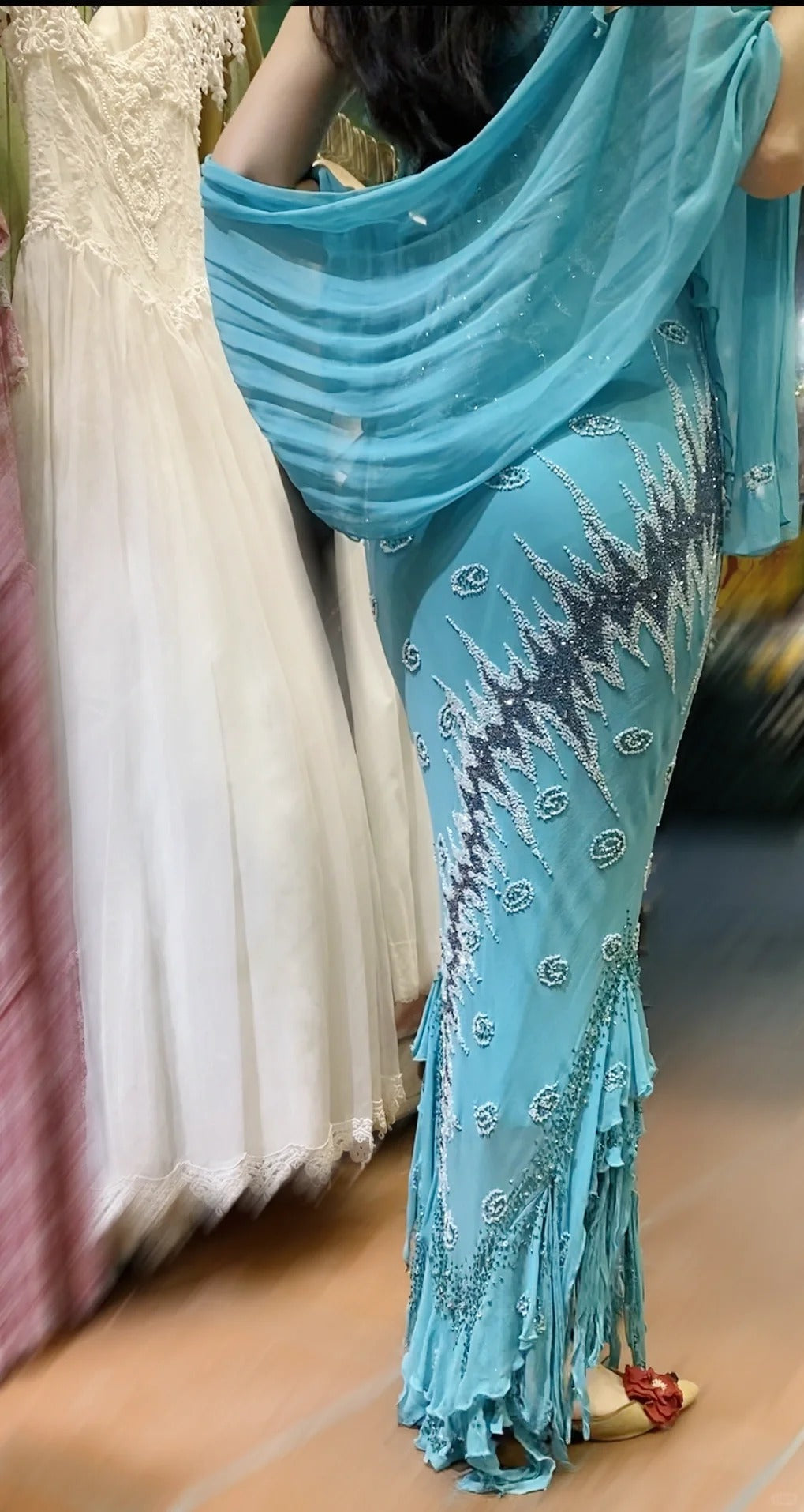 Vintage Blue Mermaid Halter-Neck Ruffled Beaded Chiffon Long Prom Dress Evening Dress P4123