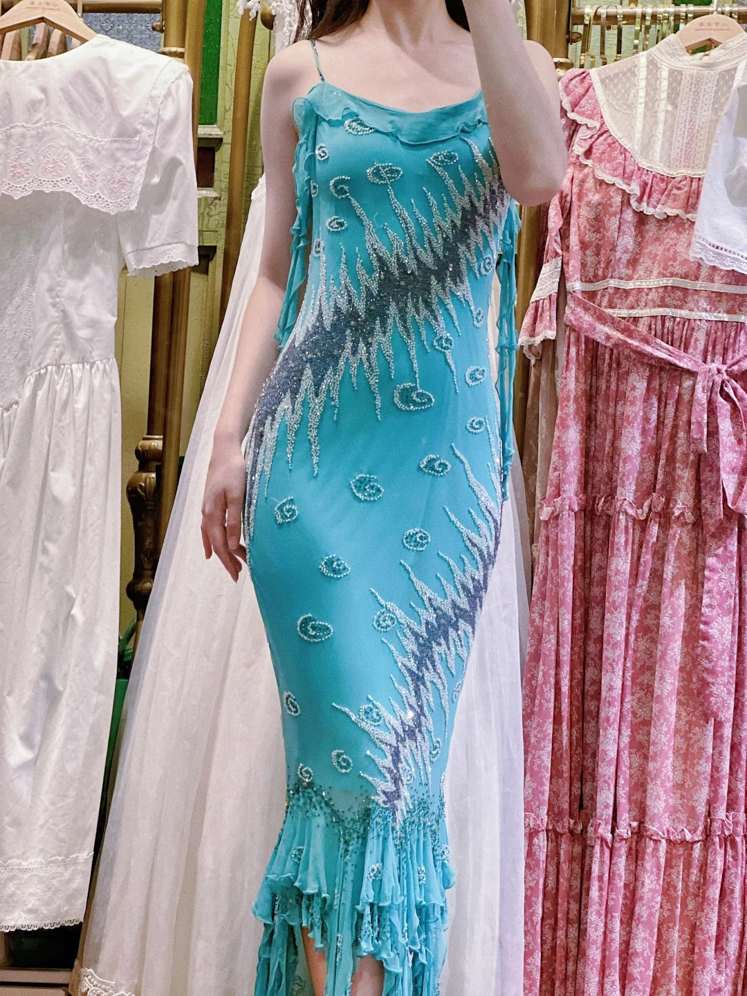 Vintage Blue Mermaid Halter-Neck Ruffled Beaded Chiffon Long Prom Dress Evening Dress P4123