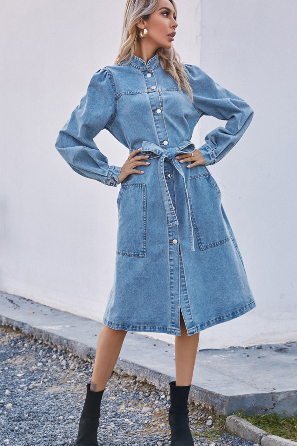 Denim Waist Long Sleeve Dress - Fashionpara