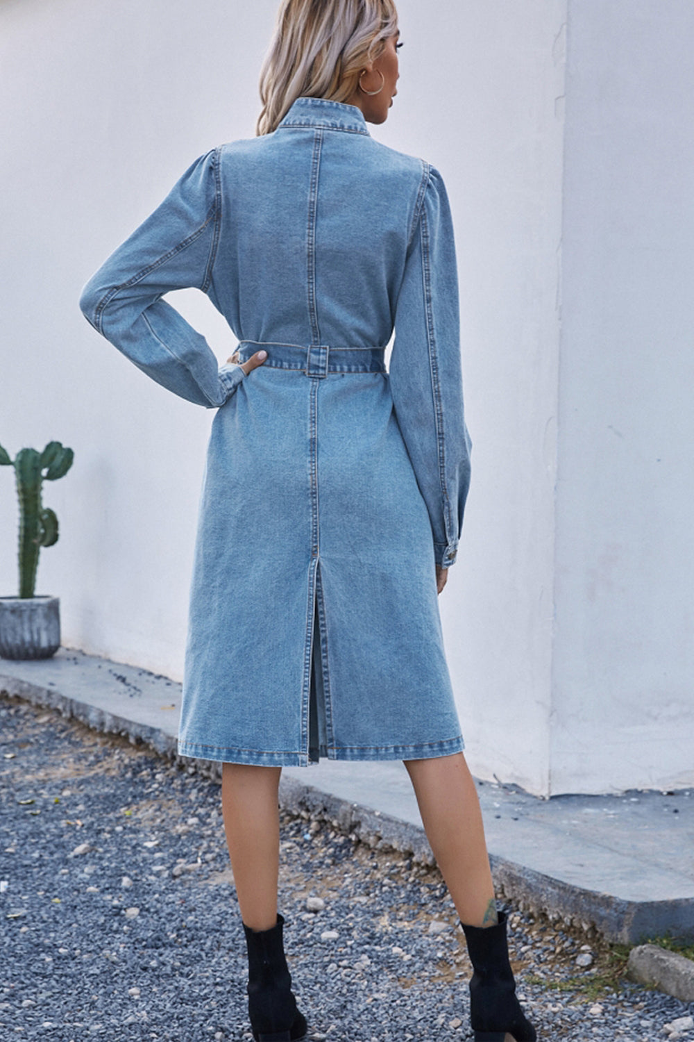 Denim Waist Long Sleeve Dress - Fashionpara