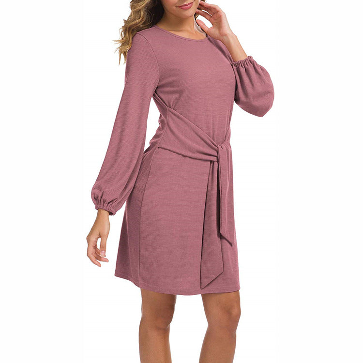 Round Neck Long Sleeve Tie Waist Shift Mini Dress