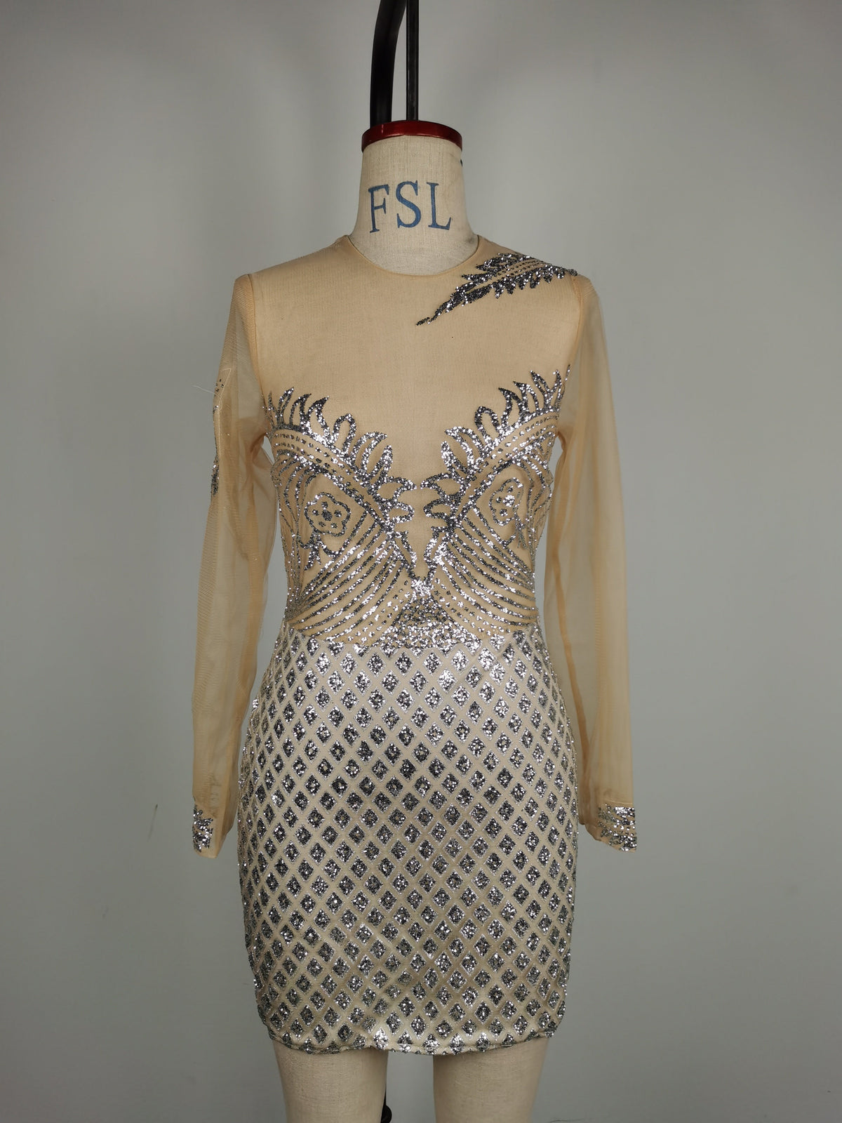 Sequin Diamond Lattice Mesh Bodycon Mini Cocktail Dress