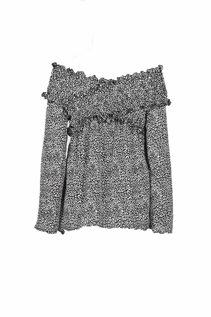 Florcoo Leopard Print Off Shoulder Long Sleeve Shirt
