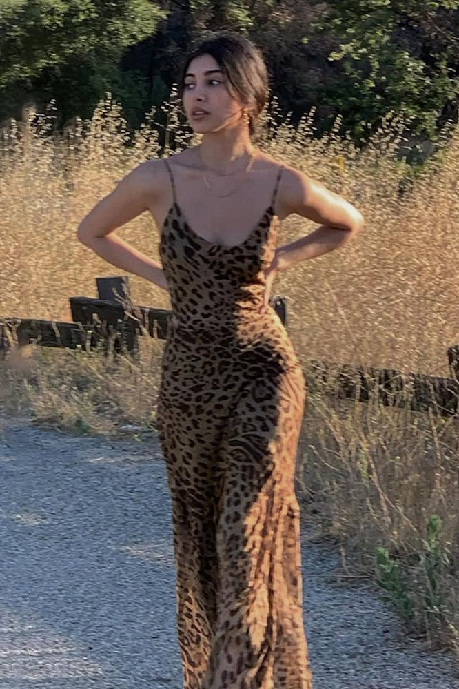 Leopard Print Scoop-Neck Sleeveless Mermaid Maxi Dress