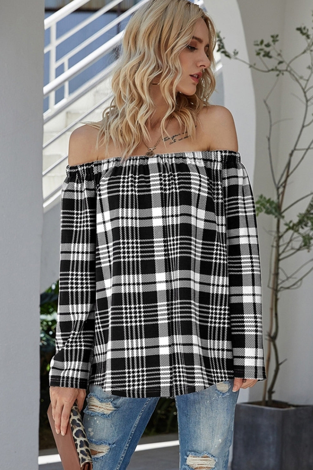 RadyRin Off-the-Shoulder Check Sweater for Effortless Style