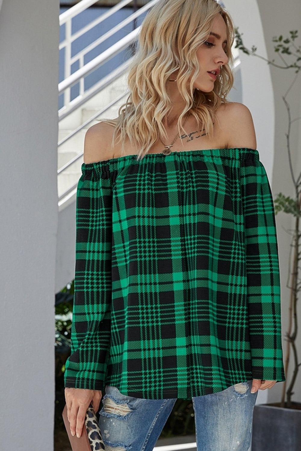 RadyRin Off-the-Shoulder Check Sweater for Effortless Style