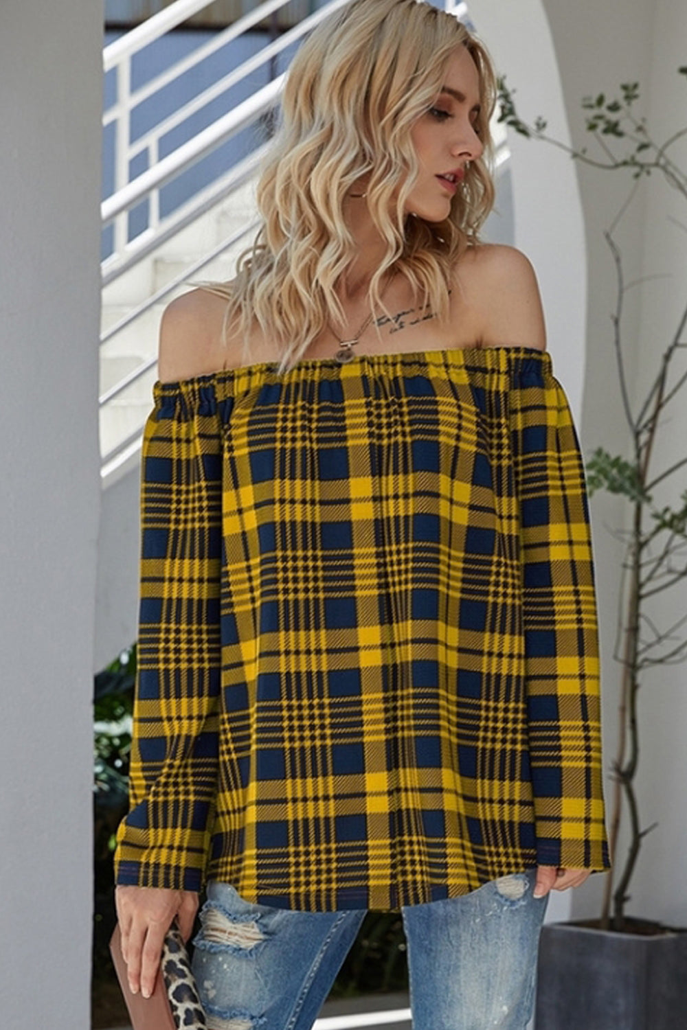 RadyRin Off-the-Shoulder Check Sweater for Effortless Style