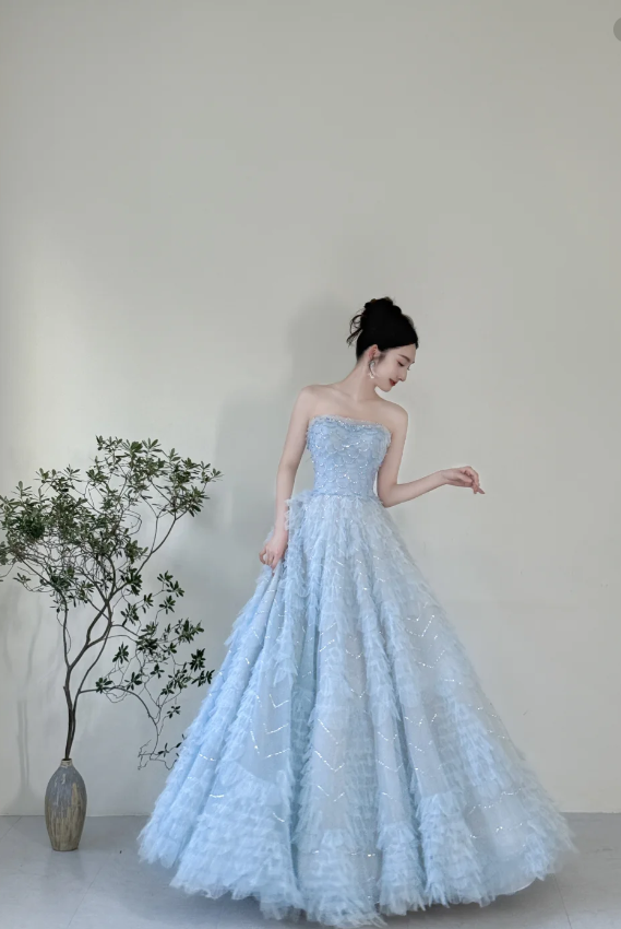 Dreamy Light Blue A-line Strapless Tulle Floor-length Prom Dress Evening Dress P4126
