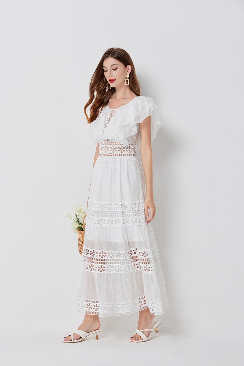 Eyelet Lace Cut Out Tiered Flutter Sleeve Ruffle Collar Maxi Dress - View 2