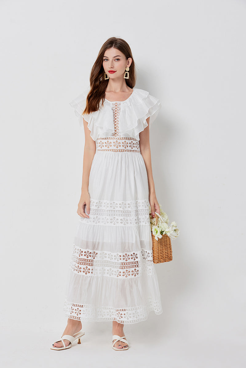 Eyelet Lace Cut Out Tiered Flutter Sleeve Ruffle Collar Maxi Dress - View 3