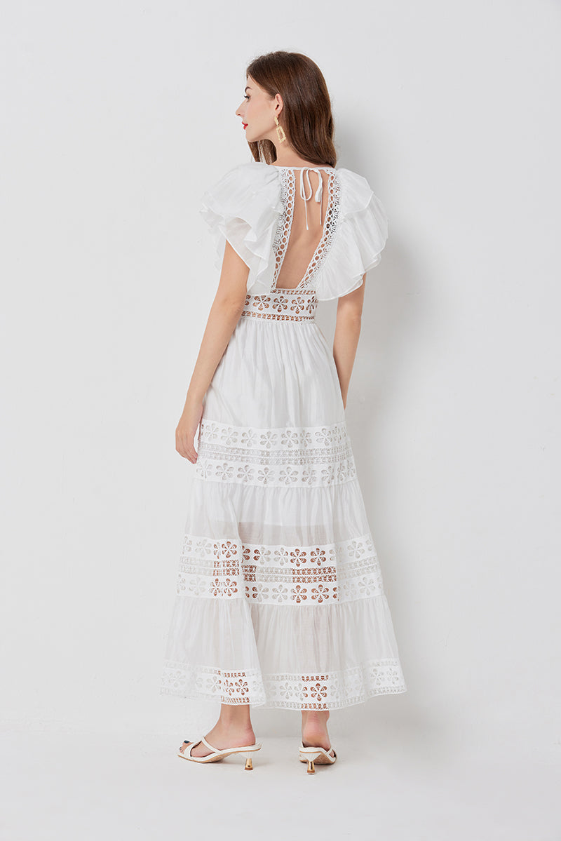 Eyelet Lace Cut Out Tiered Flutter Sleeve Ruffle Collar Maxi Dress - View 5