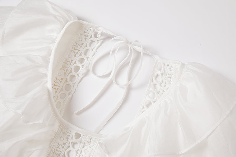 Eyelet Lace Cut Out Tiered Flutter Sleeve Ruffle Collar Maxi Dress - View 9