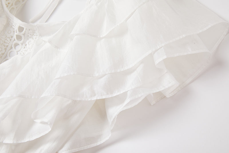 Eyelet Lace Cut Out Tiered Flutter Sleeve Ruffle Collar Maxi Dress - View 11