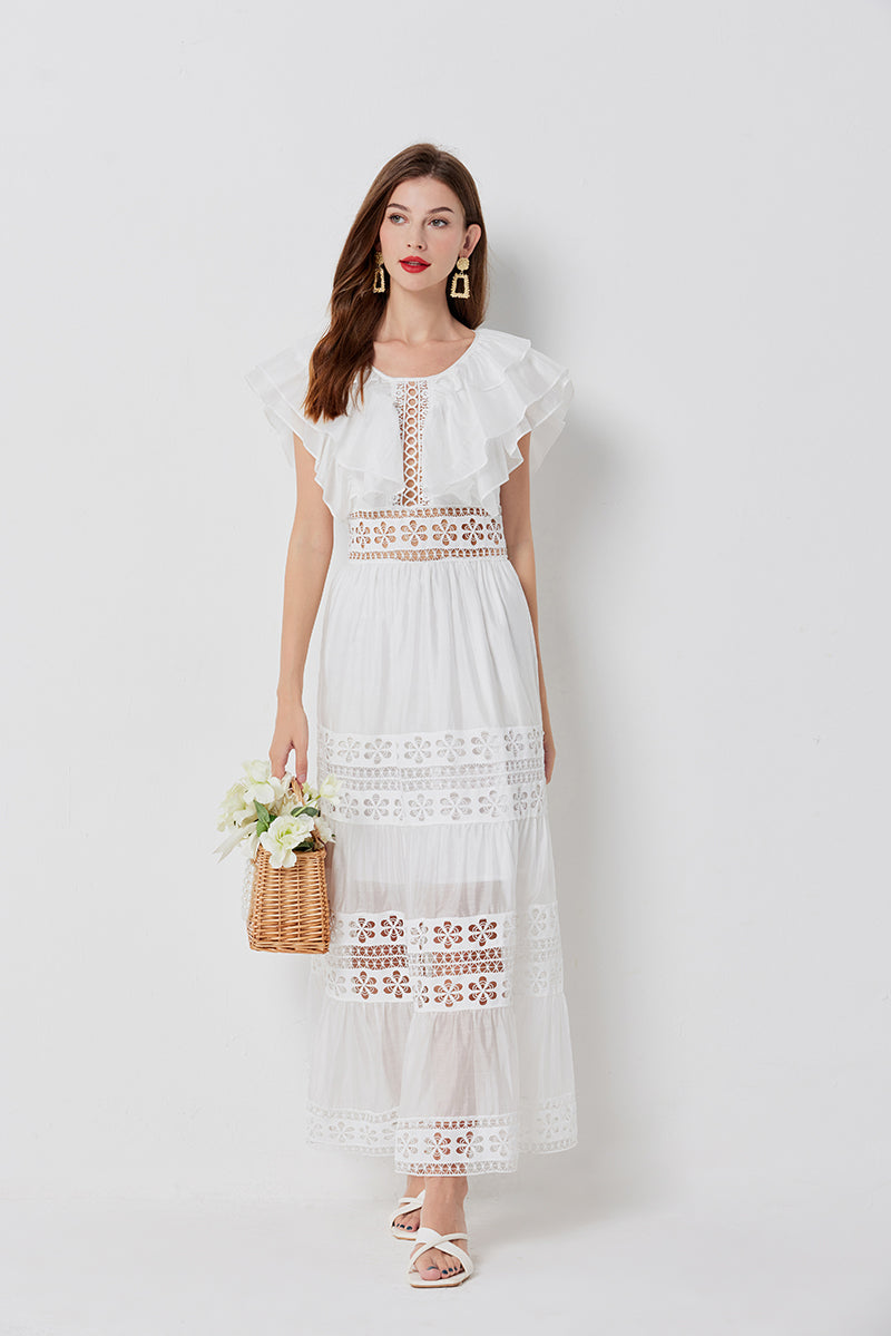 Eyelet Lace Cut Out Tiered Flutter Sleeve Ruffle Collar Maxi Dress - View 15