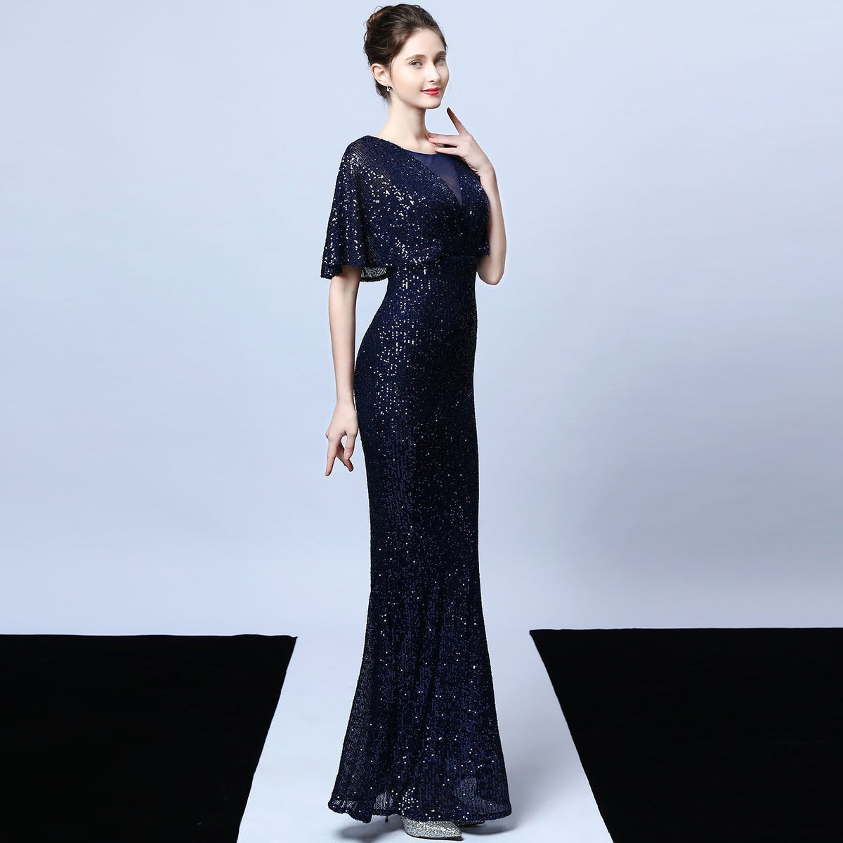 Sequin V-Neck Flutter Sleeve Mermaid Gown