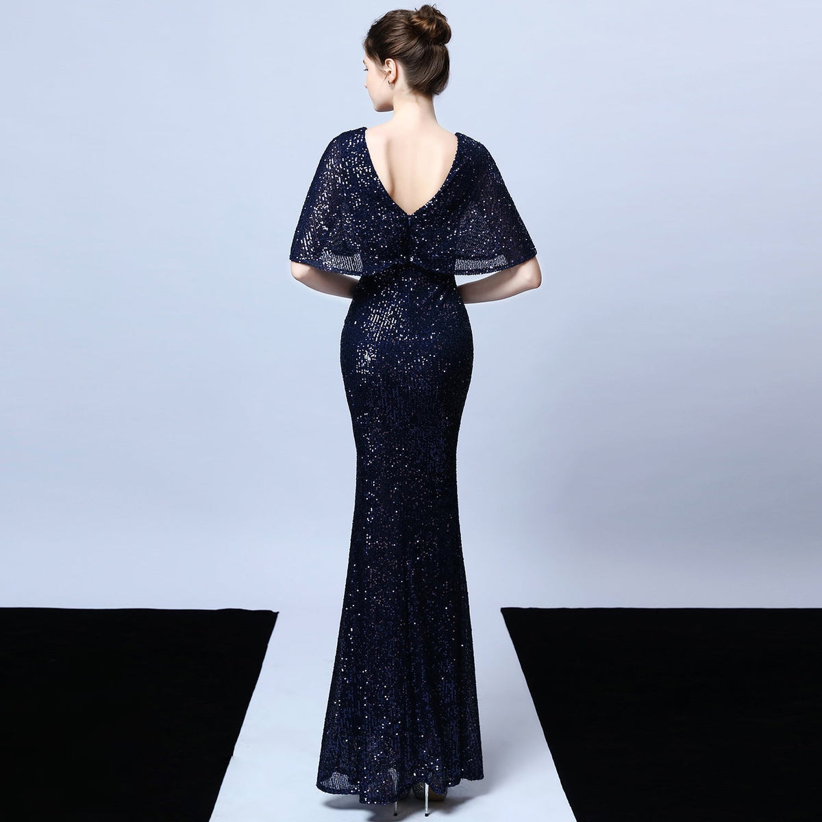 Sequin V-Neck Flutter Sleeve Mermaid Gown