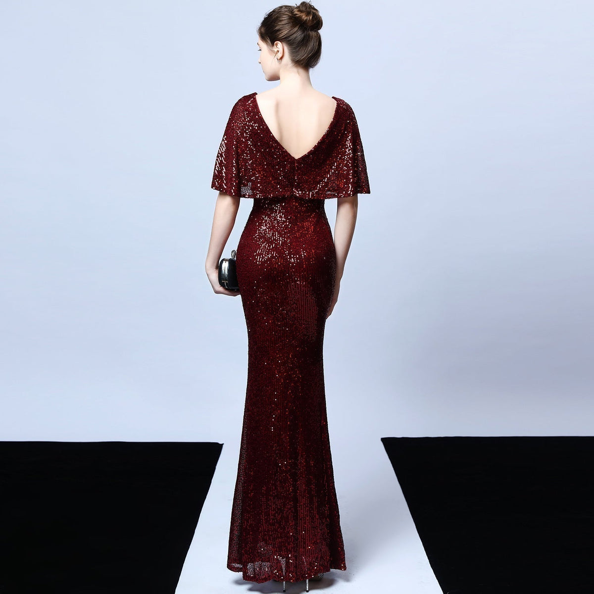 Sequin V-Neck Flutter Sleeve Mermaid Gown