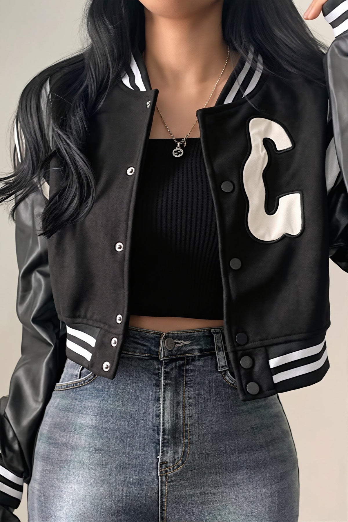 Cropped Letter Patch Varsity Jacket 2