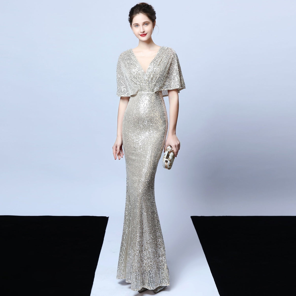 Sequin V-Neck Flutter Sleeve Mermaid Gown