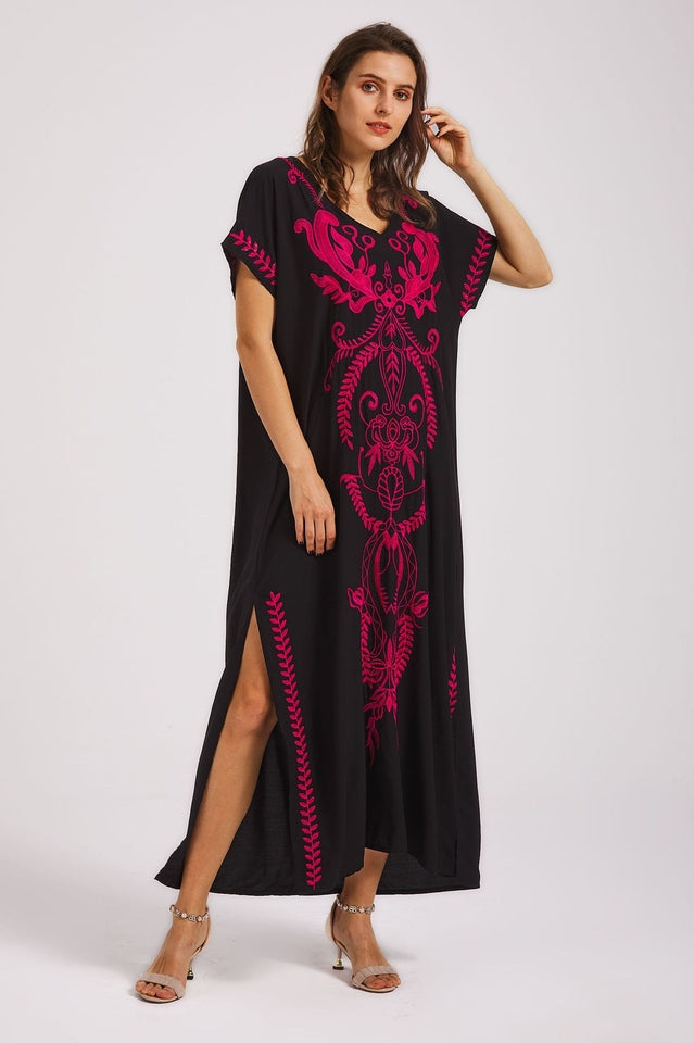 Embroidered V-Neck Short-Sleeve Kaftan Maxi Dress 26
