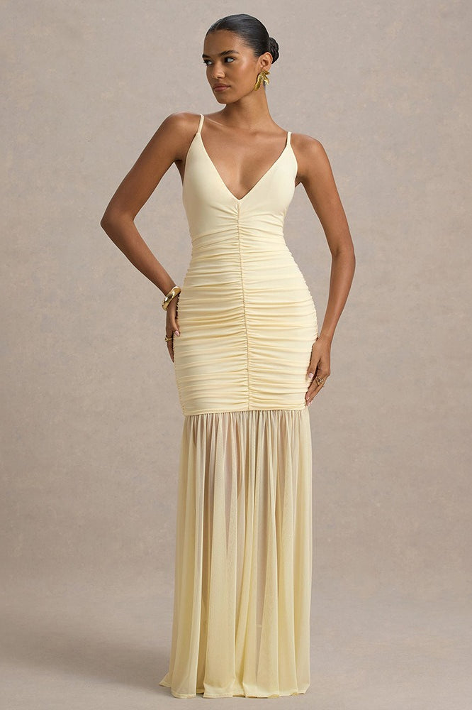 Satin Spaghetti Strap Plunge Ruched Maxi Dress - View 3