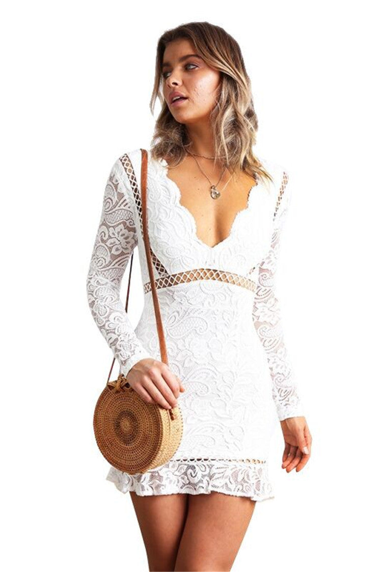 Long Sleeve Lace Deep V-Neck Cut Out Waist Mini Dress - View 7